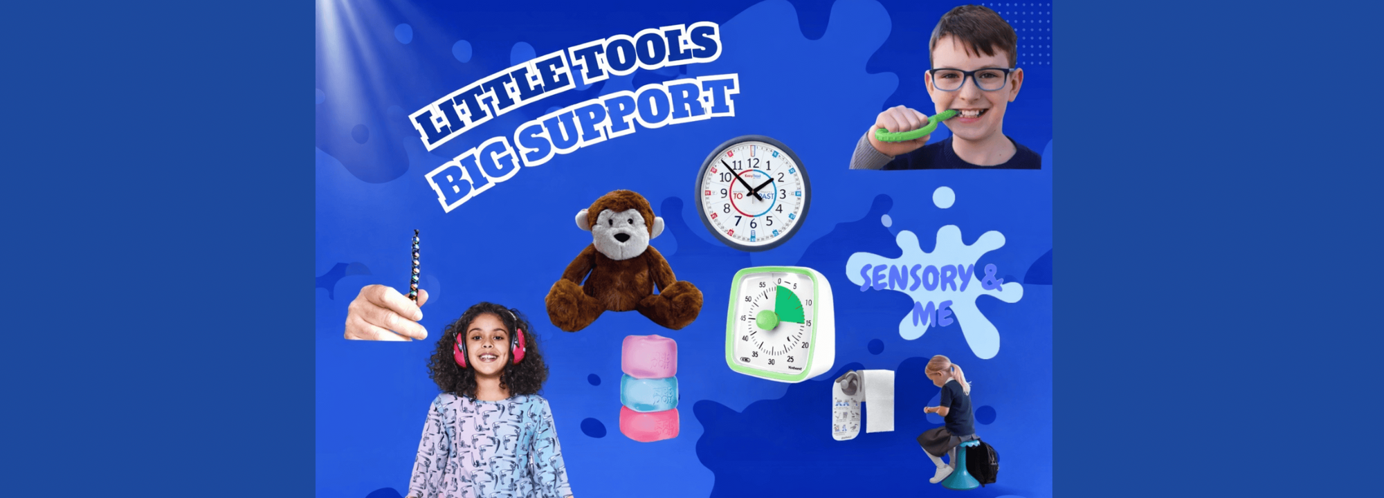 Promotional banner with educational tools and a child on a blue background
